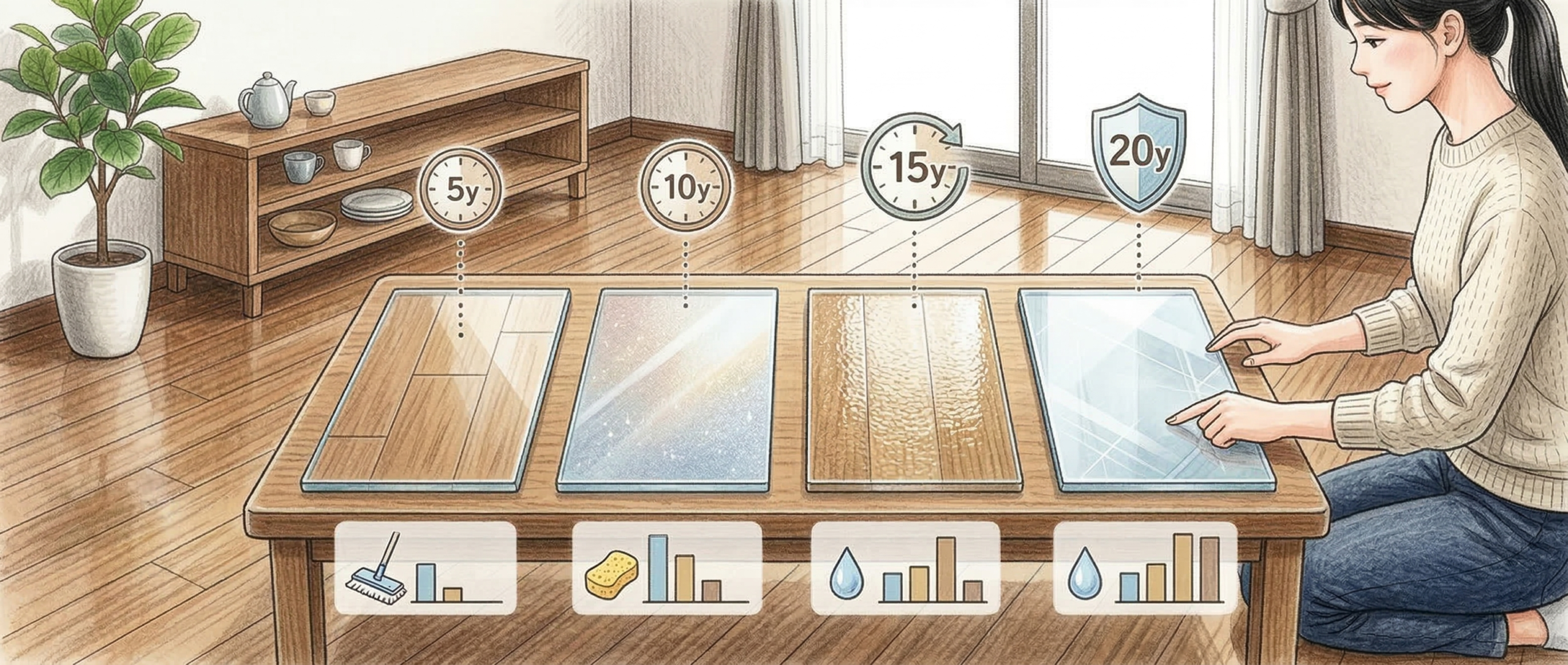 光沢のある木目フローリングが続く日本のリビング空間。手前の低いテーブルには、種類別に異なる床コーティングのサンプルが並び、それぞれに時計と盾のアイコンで保証年数と耐傷性の高さが表現されている。女性がそれらを指差して比較検討する様子。