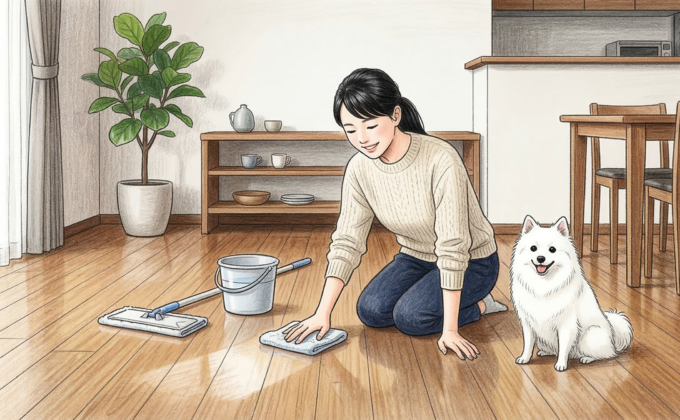 光沢のある美しい木目フローリングを笑顔で水拭き掃除する女性と白い犬。フロアコーティングでお手入れが楽になった、ワックス不要で長持ちする清潔な日本のリビング空間。