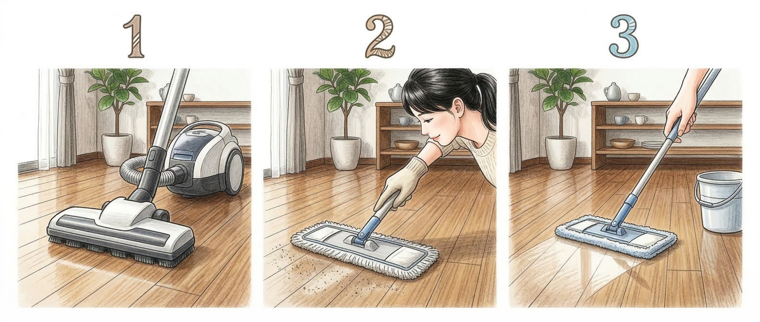 光沢のある木目フローリングの3段階のお手入れ。左から掃除機がけ、乾拭き、水拭きの手元が順に並び、コーティング後の簡単なお掃除ルーティンを解説する日本のリビング空間。
