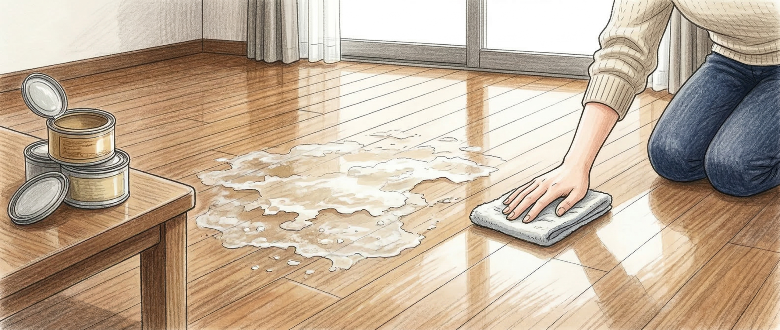 光沢のある木目フローリングの端に、古くなったワックスの缶が積まれている。一方で、コーティングされた床はワックス不要で、手前では女性が布で軽く磨くだけで輝きを保つ様子。奥の床にはワックスを重ね塗りしたことによる密着不良でできた白っぽい曇りが見え、正しいお手入れを対比。日本のリビング空間。