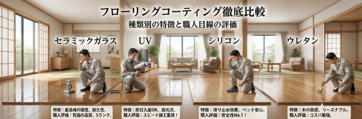 建築パース風の日本のモダン住宅LDKで、セラミックガラス、UV、シリコン、ウレタンの4種類のフローリングコーティングを比較。職人による実演と各コーティングのツヤの違いを表現。