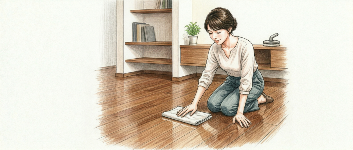 フローリングコーティング施工後の床を乾拭きでお手入れしている様子