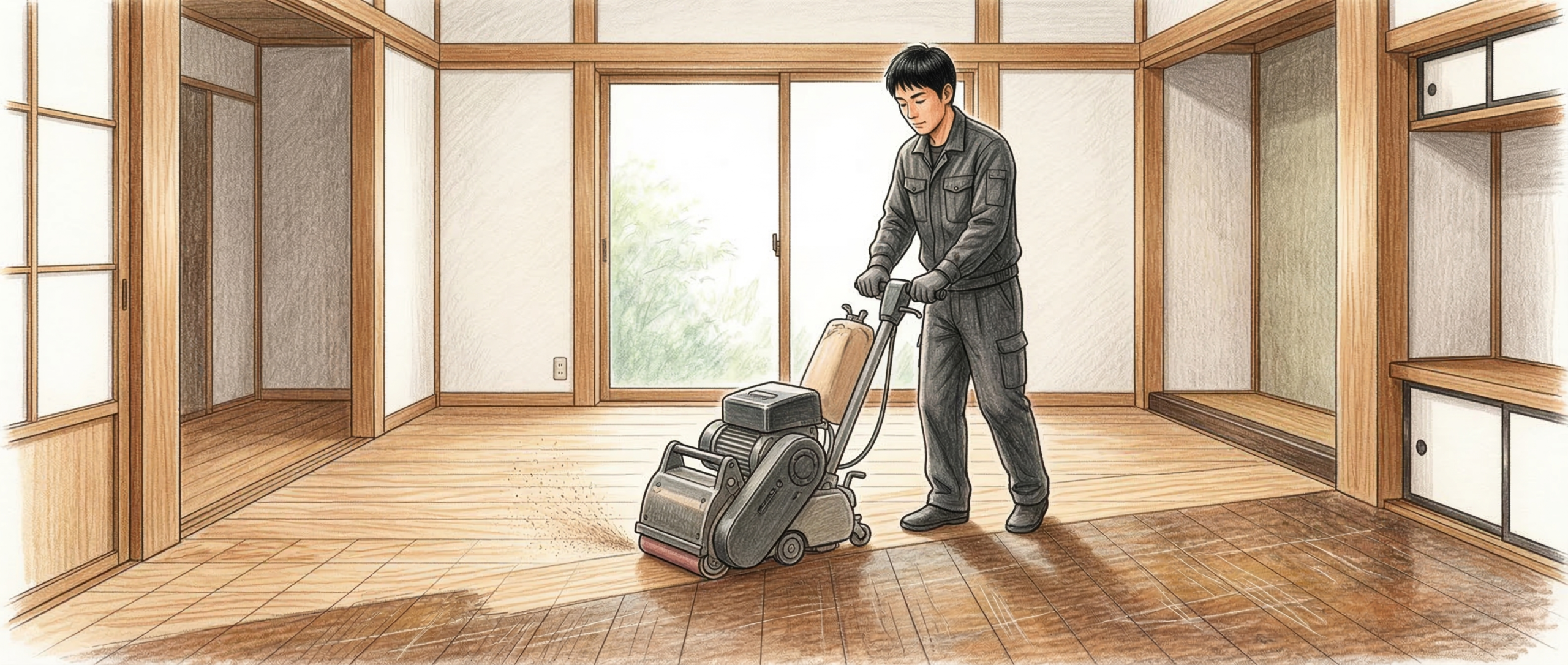 専用の研磨機を用いて古くなったフローリング表面を丁寧に削り出す作業員。床研磨の費用相場や㎡単価を解説する施工風景。