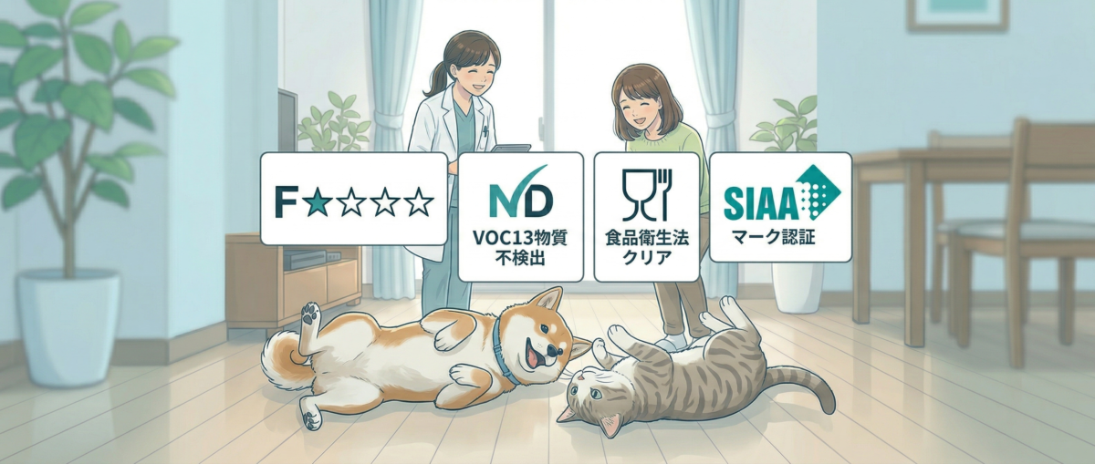 ワンニャンすべらんコーティングのF☆☆☆☆・VOC不検出・食品衛生法クリアなど複合的な安全性エビデンス一覧