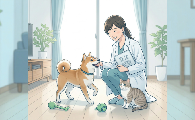 ペット用フロアコーティングの安全性を飼い主が試験データで確認するイメージ