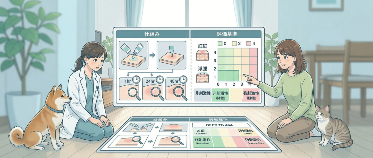 急性皮膚刺激性試験OECD TG 404の仕組みとP.I.I.評価基準の説明図