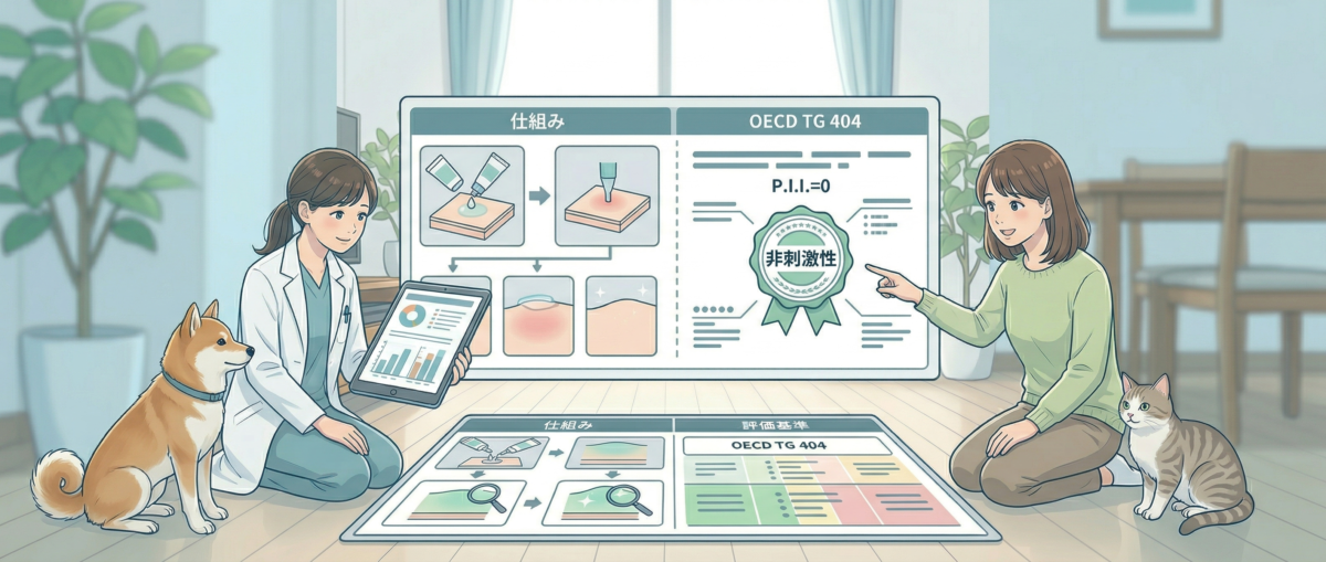 ワンニャンすべらんコーティングの急性皮膚刺激性試験でP.I.I.=0・無刺激物の結果を示すイメージ