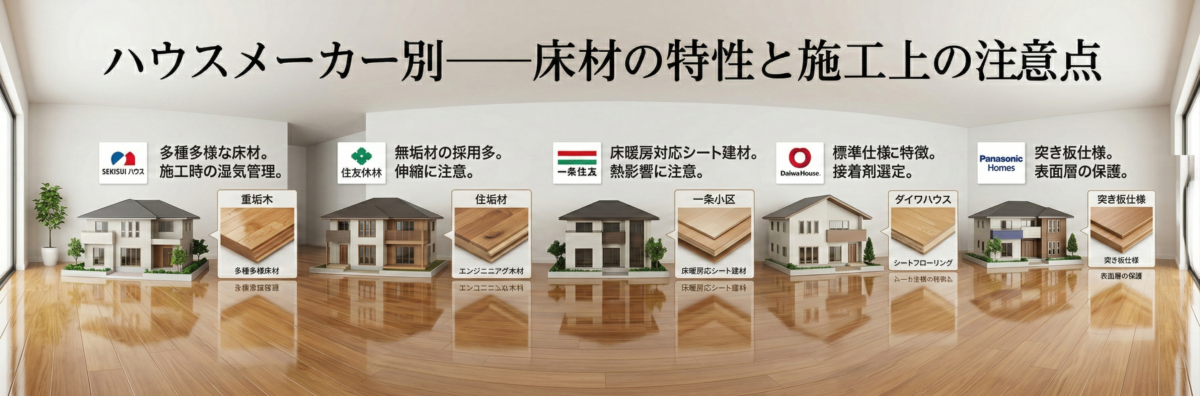 ハウスメーカー別の床材特性と施工時の注意点を解説するコラム用アイキャッチ画像。複数のハウスメーカーの家とツヤのあるフローリングサンプルが並ぶ。