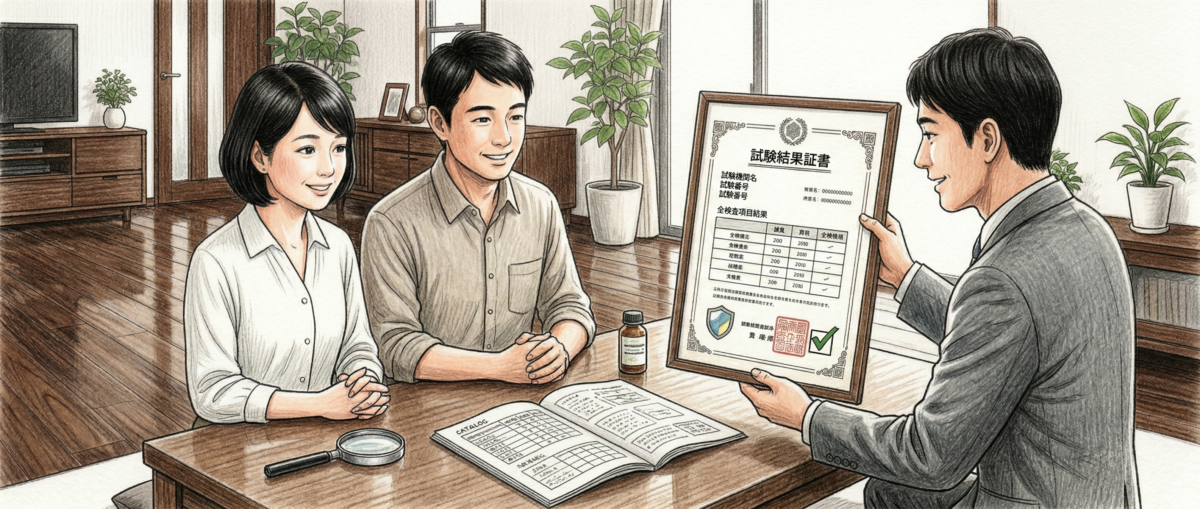 M&Mセラミックガラスコーティングのフロアコーティング食品衛生法規格試験全項目合格を示すイメージ