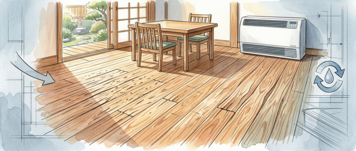 無垢フローリングの表面にささくれや細かい傷が発生している状態（無垢床 ささくれ 補修）