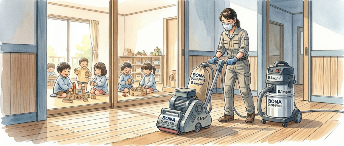 業務用フロアサンダーで無垢フローリングを研磨するプロの職人によるフロアサンディング施工の様子