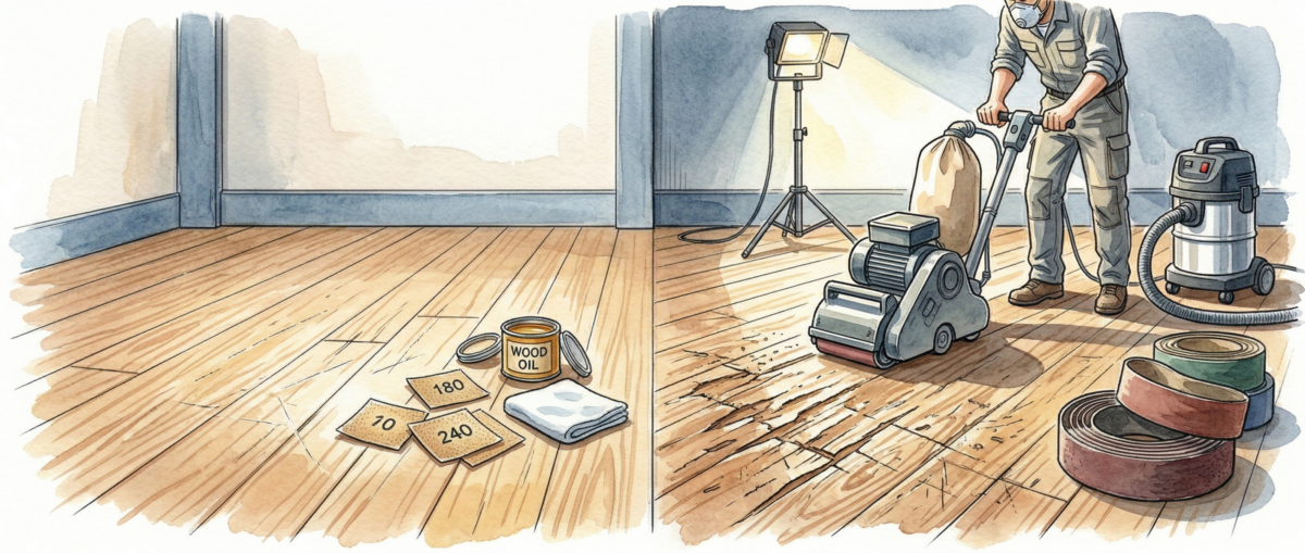 無垢床の傷の深さや範囲によってDIYと専門業者の床研磨を比較している判断基準のイメージ