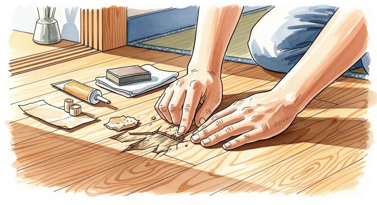 サンドペーパーと無垢床用オイルを使って無垢床のささくれをDIY補修している作業の様子