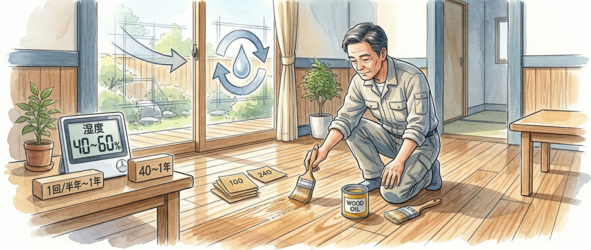 無垢フローリングに専用オイルを布で木目に沿って塗り込んでいるメンテナンス作業の様子