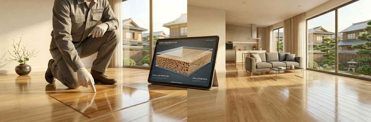 新築のリビングで、フロアコーティング専門のプロが床を指し示し、タブレットに表示された木材の顕微鏡画像とデータで施工の根拠とメリットを解説している写実的な3Dパース画像