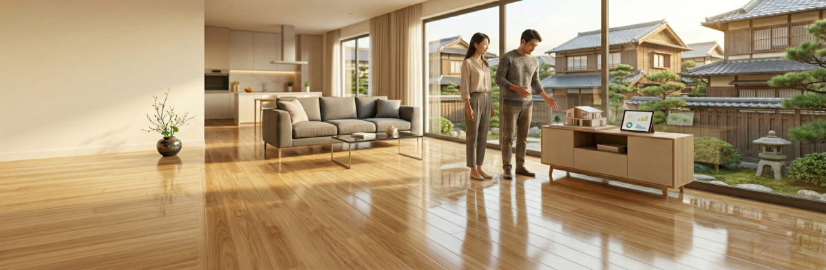 美しい光沢のあるフローリングの新築住宅で、日本人の夫婦がフロアコーティングの仕上がりをイメージしている高品質な建築パース風イラスト