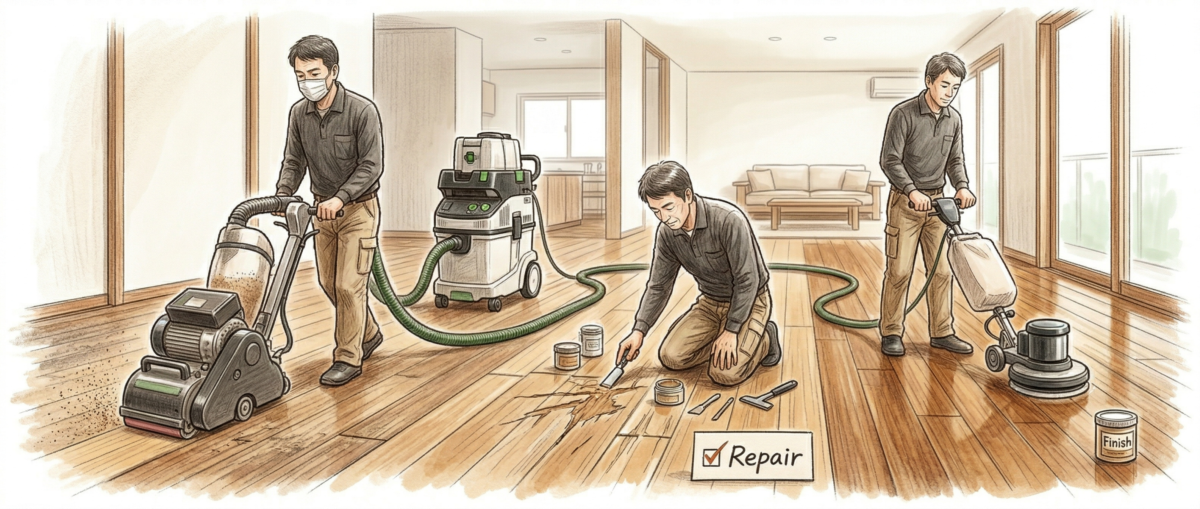 職人が専用サンディングマシンで無垢フローリングを研磨しているダストフリー施工の様子