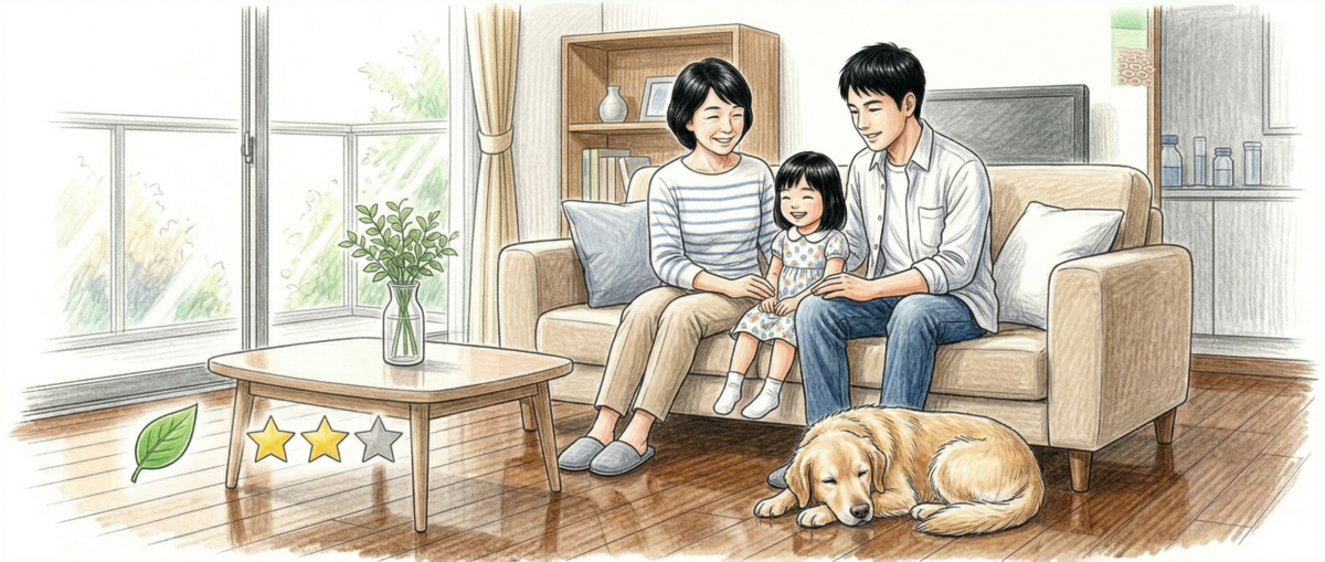 安全なフロアコーティングが施工された快適な住宅リビングのイメージ