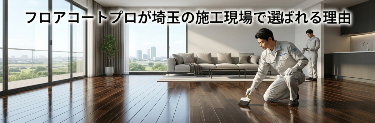 フロアコートプロが埼玉の施工現場で選ばれる理由。美しいツヤのフローリングと職人の丁寧な施工風景。