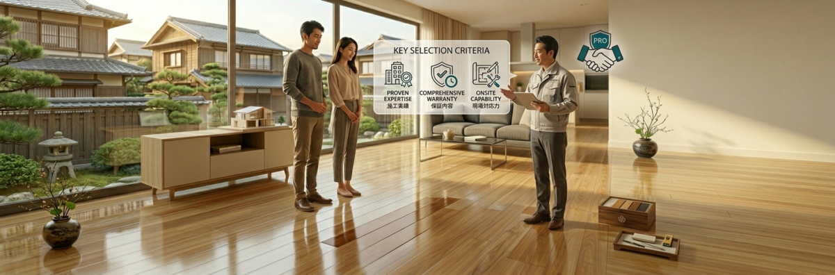 新築のリビングで、フロアコーティング専門のプロが「施工実績・保証内容・現場対応力」の3点についてタブレットのデータを用いて、日本人のご夫婦に信頼できる業者の見極め方を解説している写実的な3Dパース画像