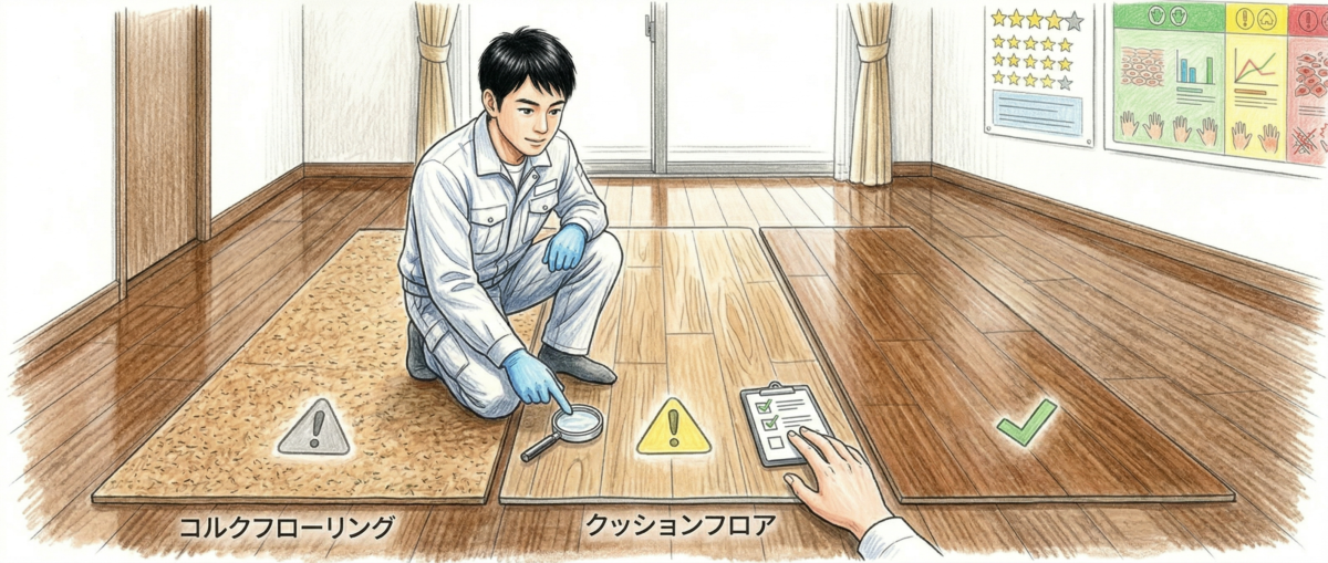 フロアコーティングの施工に向かない床材サンプルのイメージ
