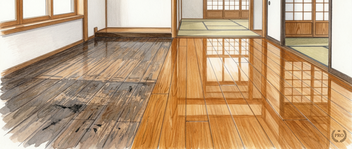 中古住宅の古い無垢フローリングを研磨再生する選択肢を示す高品位な床面