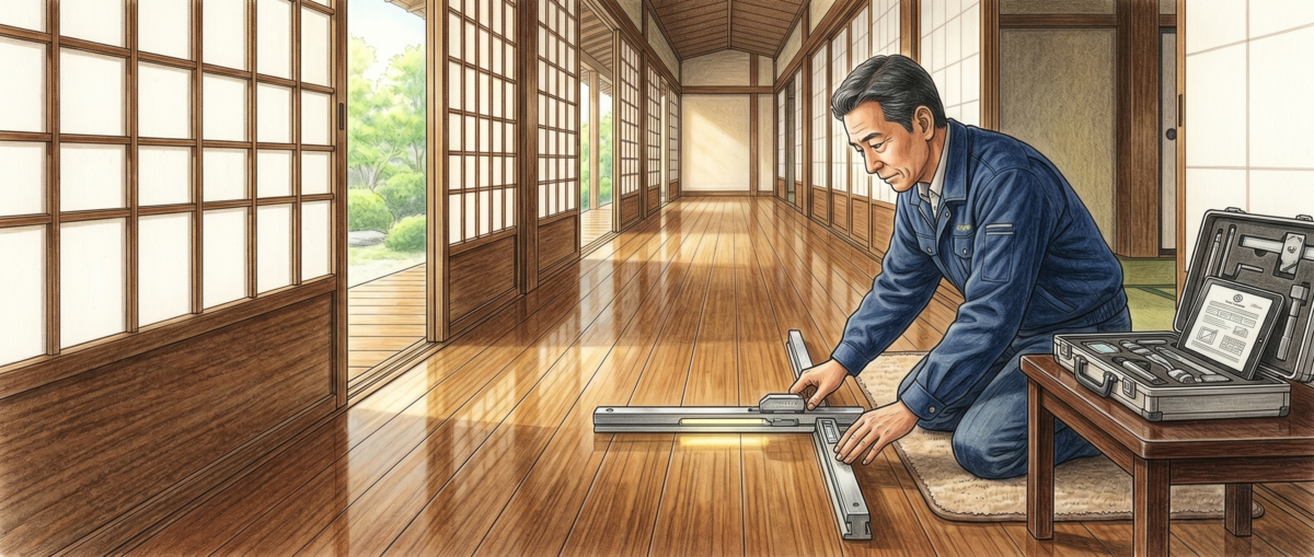 フロアコーティング施工前に床材の種類と状態を確認している職人の様子