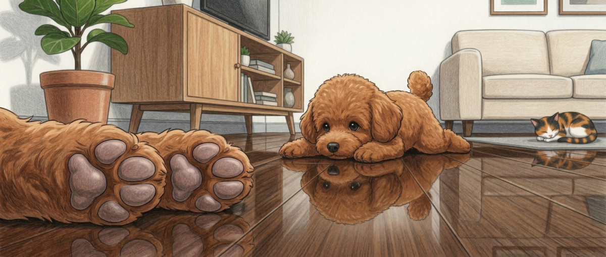床に近いペットの生活環境とコーティング安全性確認の重要性を示すイメージ