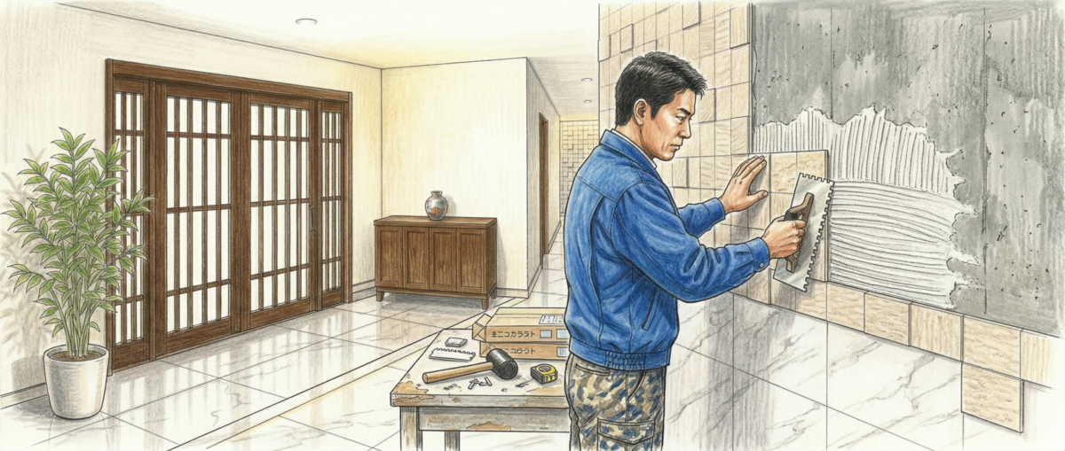 フロアコートプロの職人がエコカラットプラスの施工作業を丁寧に進めている現場