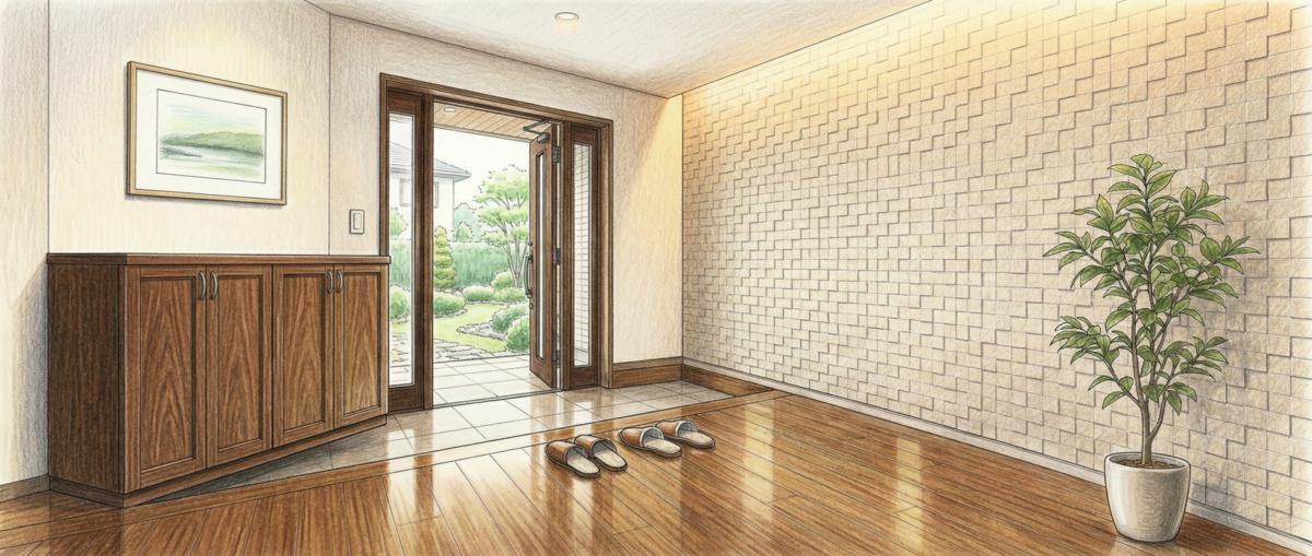 エコカラットプラスの4つの機能（調湿・消臭・有害物質吸着・デザイン）を体現した清潔感のある邸宅空間