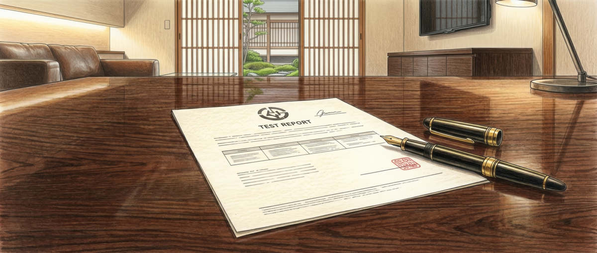 フロアコーティング業者が試験書を提示してエビデンスを確認しているシーン