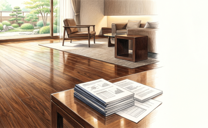 フロアコーティング促進耐候性能試験のエビデンスを解説する高級感ある邸宅リビングのイメージ（フロアコーティング）