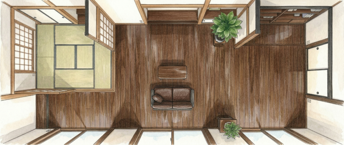 フロアサンディングと張替えの費用比較を示す整然とした邸宅のリビング空間