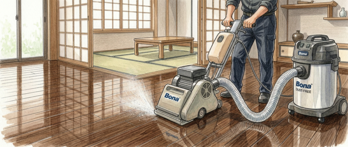 BONAダストフリーサンディングシステムで中古住宅の無垢床を研磨している施工シーン