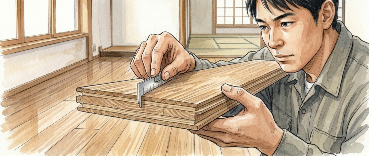 無垢フローリングの断面を確認して研磨可否を判断する職人の手元