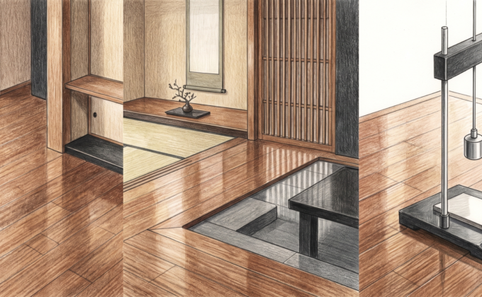 フロアコーティングの耐衝撃性試験でおもりを落下させて塗膜を評価している様子