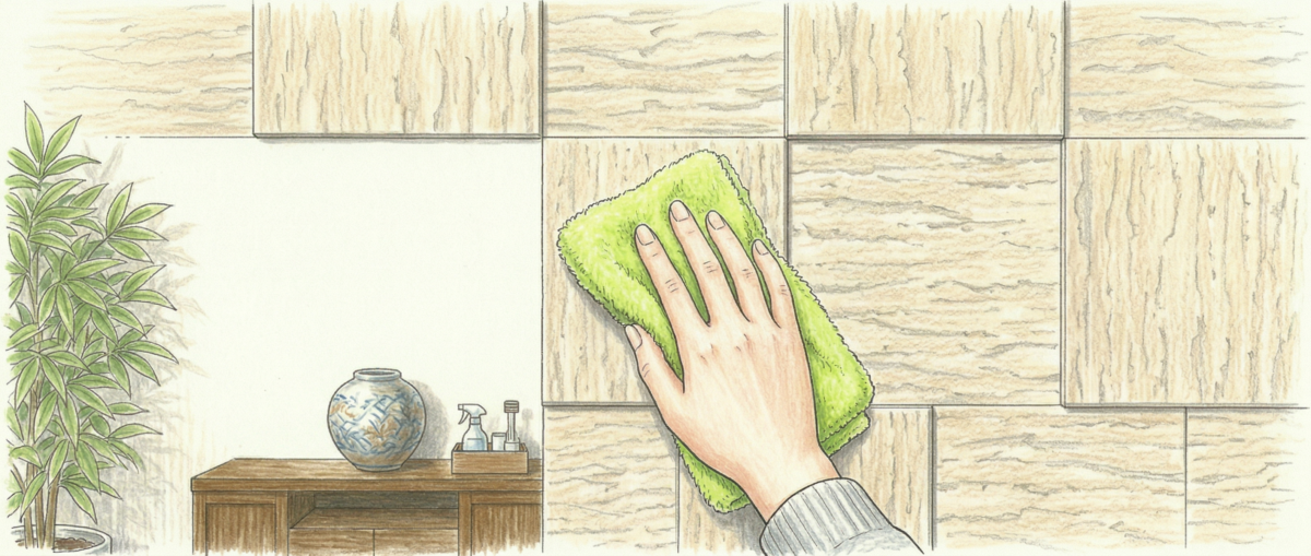 エコカラットプラスを柔らかい布で優しくお手入れしている日常メンテナンスの様子