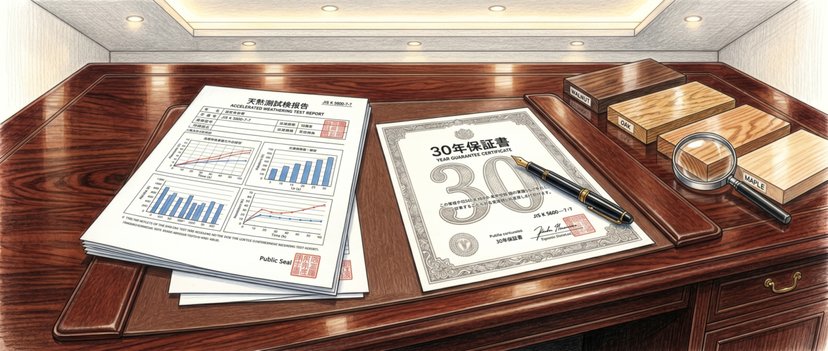 30年保証の根拠となる試験結果報告書とフロアコーティング塗膜の長期美観維持のイメージ