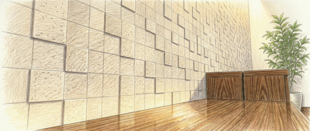 エコカラットプラスのメリットである高い調湿効果とデザイン性を示す邸宅リビングの壁面