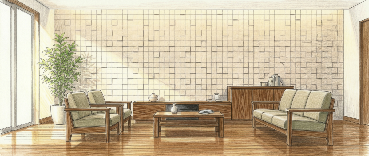 エコカラットプラスの施工が向くケースとしてペットと子どもが暮らす邸宅のリビング