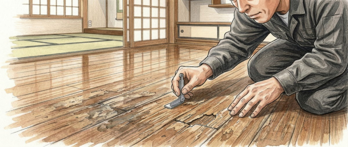 フロアサンディングの施工対象外となる床材の状態確認シーン