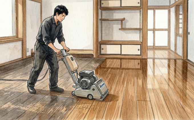 中古住宅の無垢フローリングをフロアサンディングで削って再生した施工現場