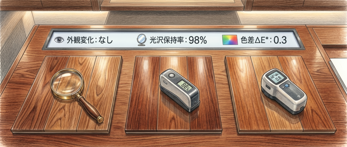 外観・光沢保持率・色差ΔE*abの3評価項目を示すフロアコーティング試験データの可視化イメージ