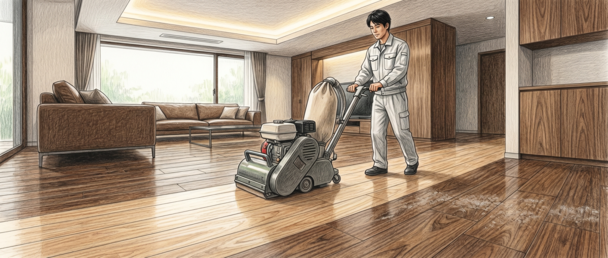 フロアサンディング施工で無垢フローリングの深部カビを根本除去している