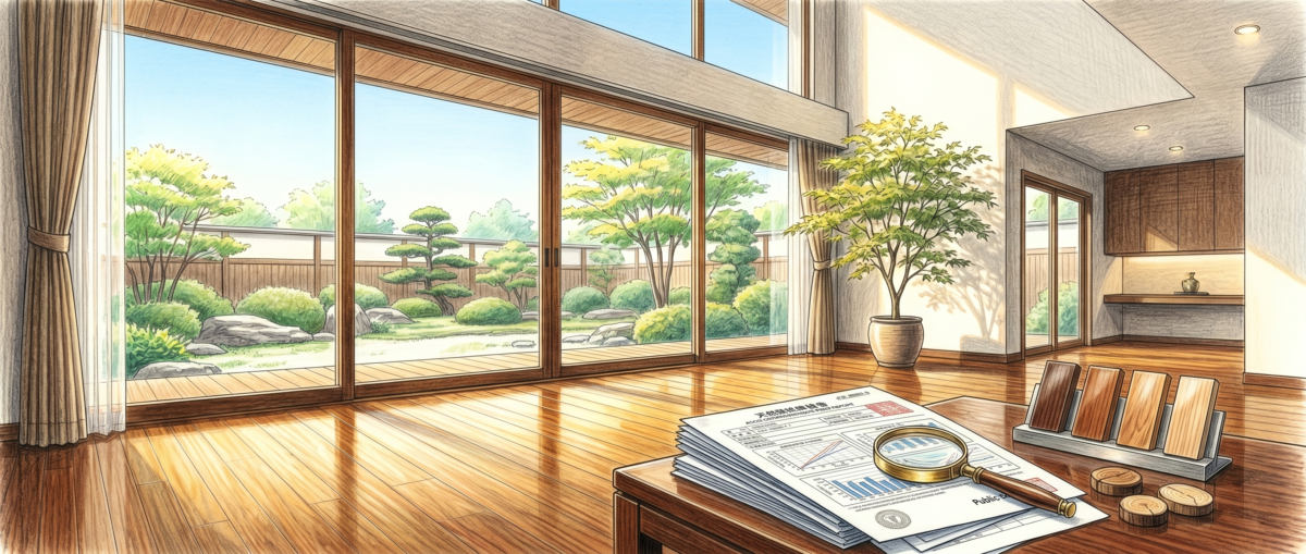 耐摩耗性・耐水性・引っかき硬度・VOC13物質など複数の試験エビデンス書類が並ぶフロアコーティングの総合評価イメージ