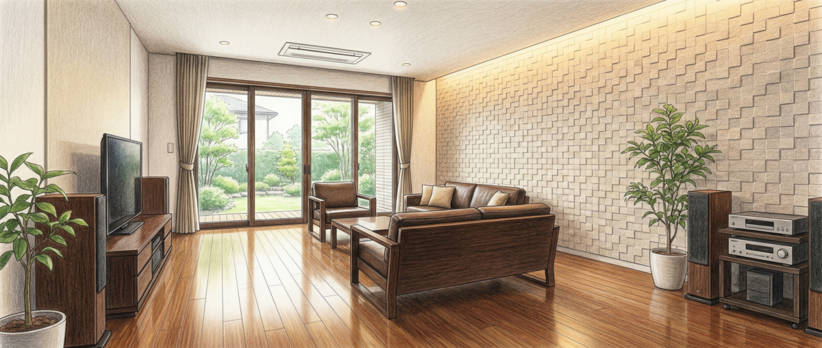 福岡の邸宅リビングにエコカラットプラスを施工した高級感のある壁面空間