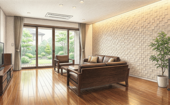 福岡の邸宅リビングにエコカラットプラスを施工した高級感のある壁面空間