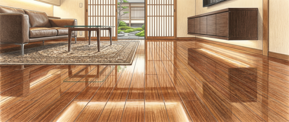 子供やペットがいる家庭でフロアコーティングの耐衝撃性の重要性を示す邸宅のリビング