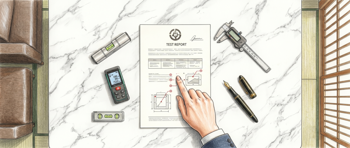 フロアコーティングの試験書でJIS規格番号と第三者機関名を確認しているプロの様子