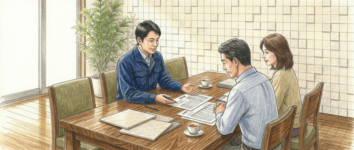 エコカラットプラスの施工費用について職人が丁寧に説明している邸宅での打ち合わせシーン